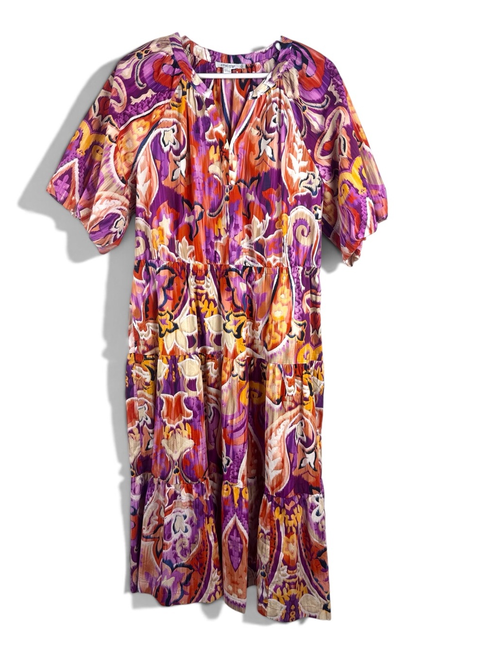 Chico’s Abstract Paisley Tiered Midi Dress Boho Purple Orange Size 2 US 12